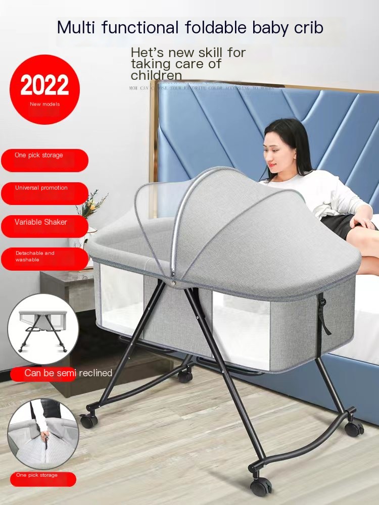 Mobile and portable multifunctional baby crib with wheels