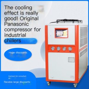 An industrial chiller used for mold cooling and injection molding machine cooling with a small water-cooled freezer
